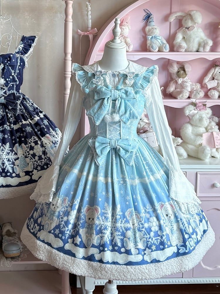 Winter Sweet Lolita Light Blue Jumper Skirt with Bear and Snowflake Print