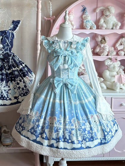 Winter Sweet Lolita Light Blue Jumper Skirt with Bear and Snowflake Print
