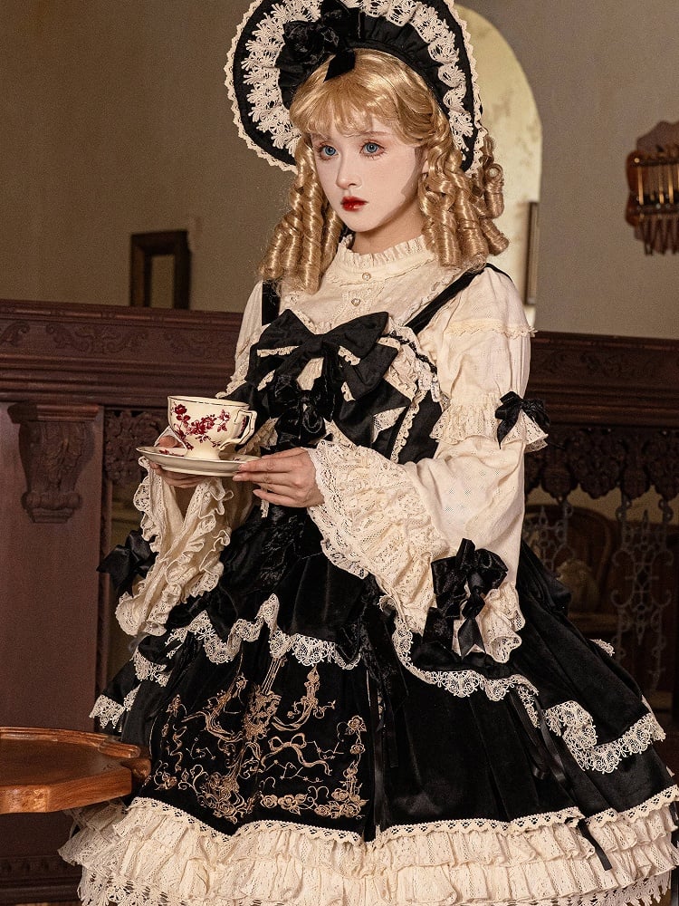 Black Bows Pink Red / Gold Beige Sleeves Decorated Long