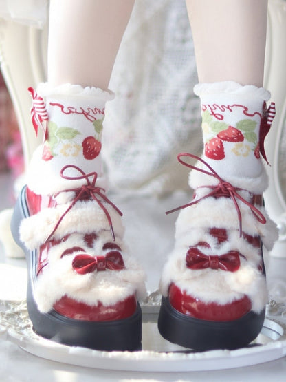 Red Decor Bow Bear Embellishments Lolita Sweet Shoes Wine Ear in Platform PU