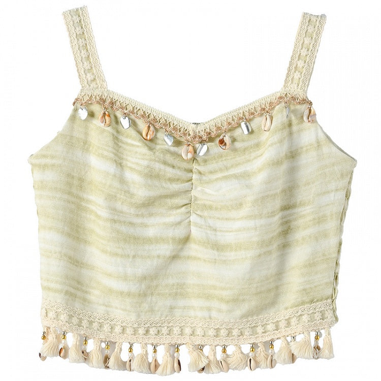 キャミトップ タッセル シェルチャーム グリーン スリムフィットヘム