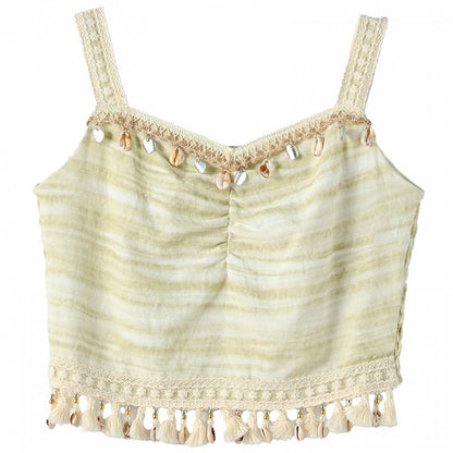 キャミトップ タッセル シェルチャーム グリーン スリムフィットヘム