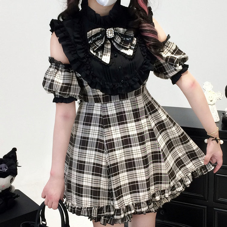 + 3-in-1 Set: Design Jirai Convertible Beige Kei Shorts Sleeve Black | Dress Plaid