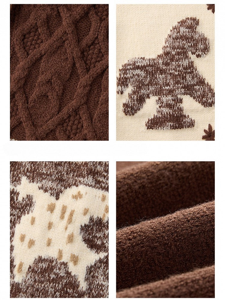 Pony Brown Knitted Patchwork Beige with Vintage Cardigan Motif