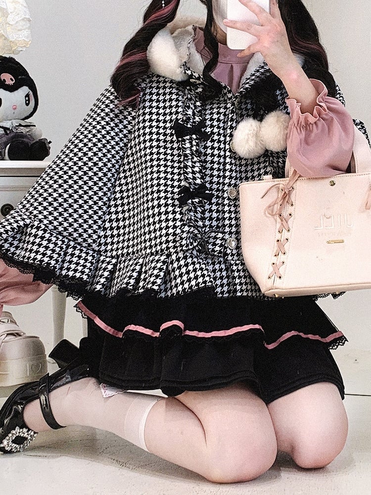 Hooded Fleece-Lined Kei Buttons Heart Cape Houndstooth Jirai with