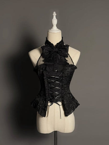 ビッグスリーブレスホルターネックブラックイリュージョンネックボウトップ