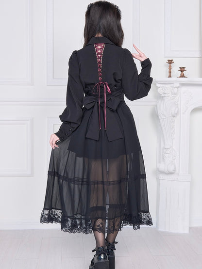Kei Mesh Skirt with Black Overlay Corset Jirai Waist High Lacing Long