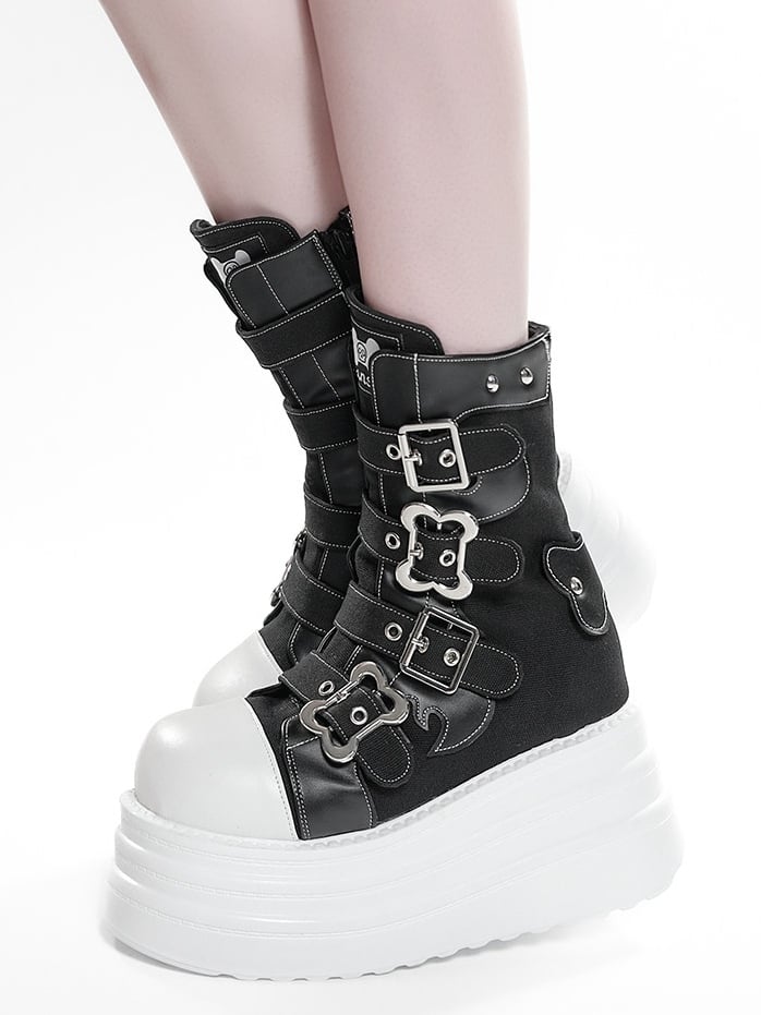 Punk Boots Bone Stud Platform Decor Embellishments Black All with -