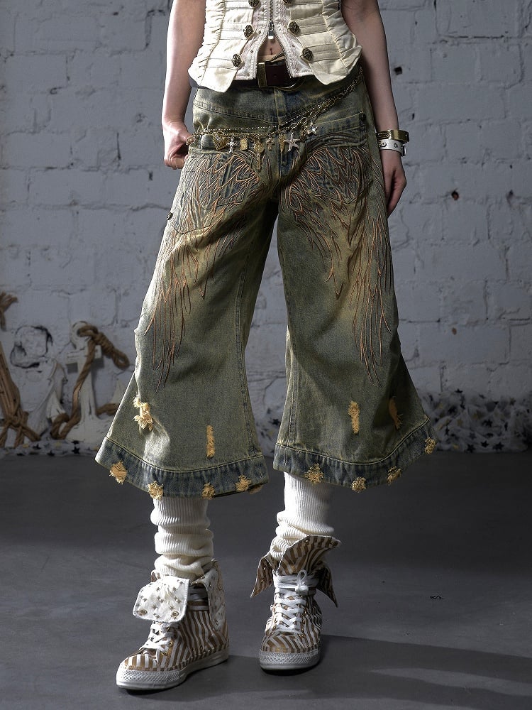 Vintage Wide-leg Jeans Punk Wing Embroidery with Distressed Holes Yellow Angel