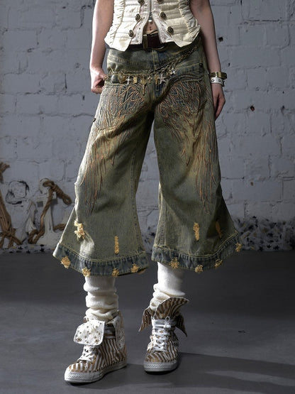 Vintage Wide-leg Jeans Punk Wing Embroidery with Distressed Holes Yellow Angel