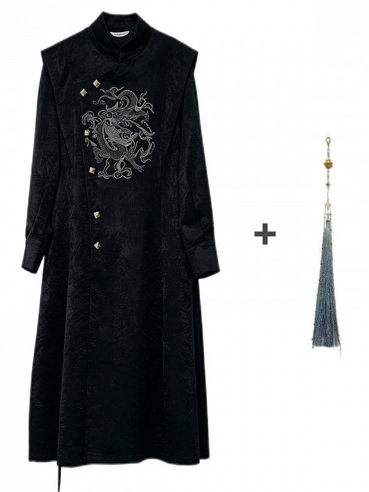 Black Trench Coat with Dragon Embroidery, Mandarin Collar & Detachable Tassel Trim - Feng Hua Gui Guo Ling