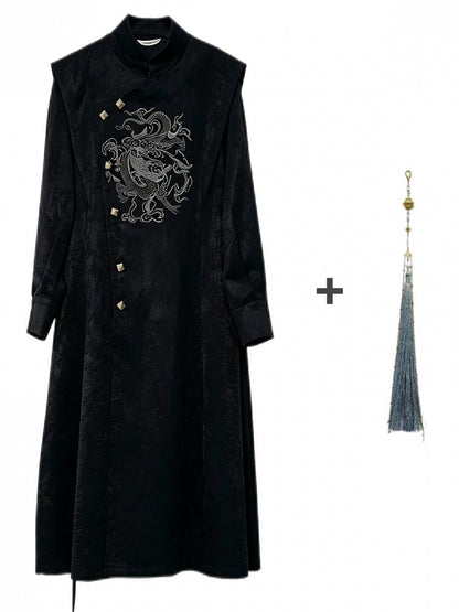 Black Trench Coat with Dragon Embroidery, Mandarin Collar & Detachable Tassel Trim - Feng Hua Gui Guo Ling