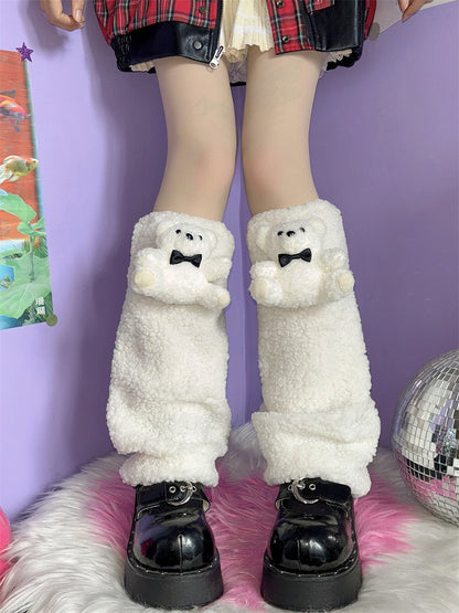 Y2K Christmas Plush Bear Design White Leg Warmers