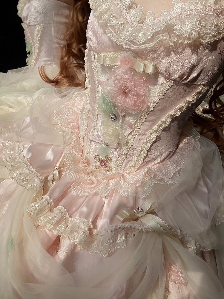 Entbeint Vollkorsett Hanayome Rosa Kleid JSK Floral Taille Prinzessin Lolita Set Fee