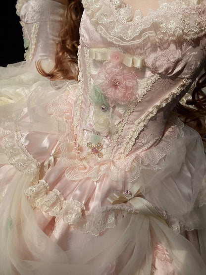 Entbeint Vollkorsett Hanayome Rosa Kleid JSK Floral Taille Prinzessin Lolita Set Fee