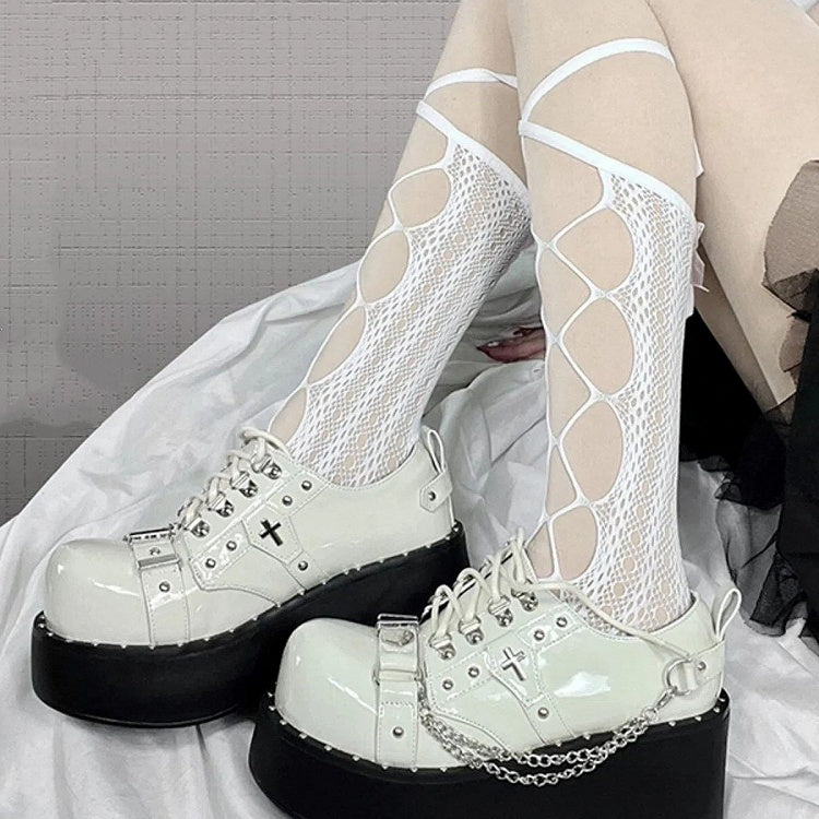 Grey Gothic Punk Platform Shoes with Lace-up Design & Studded Accents