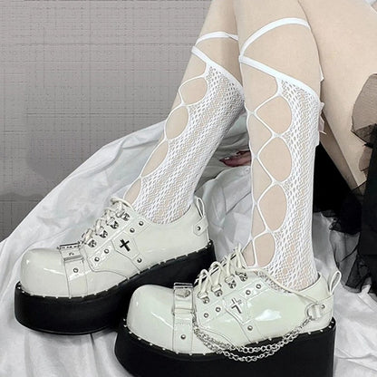 Grey Gothic Punk Platform Shoes with Lace-up Design & Studded Accents