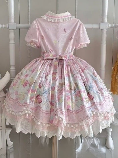 Candy-Printed Pink Sweet Bow Short-Sleeve OP Dress - Inspiration Post