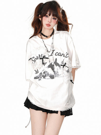 White/Grey Cute Puppy Print Short Sleeves T-Shirt