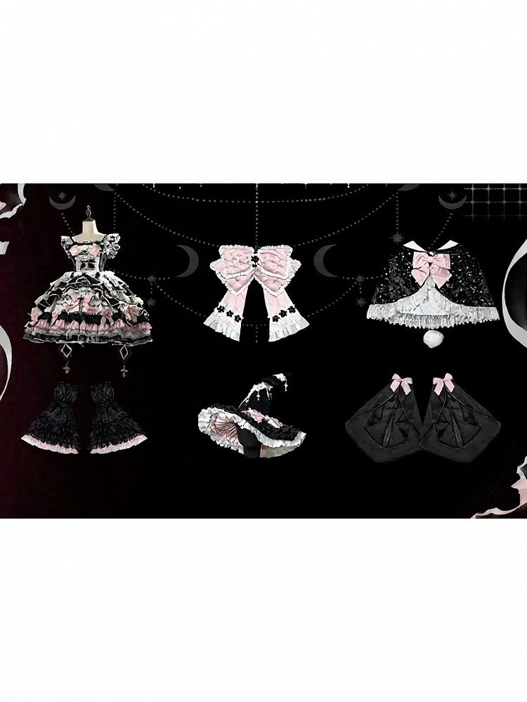 Witch-Themed Cross Accent Lolita JSK Full Ensemble in Black and Pink with Bow Train, Cape, Detachable Sleeves, Hat and Outer Sleeves - Felinae Cookie