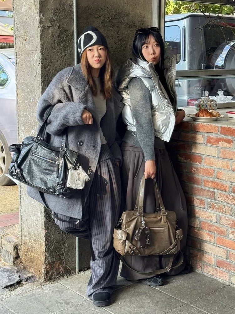 Bag Capacity Studded Tote With Strap AccentsLarge Black Buckle