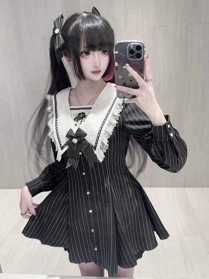 Black Striped Sailor Collar Long-Sleeve Dress with Cherry Blossom Embroidery and Matching Shorts - Dream Core Waves