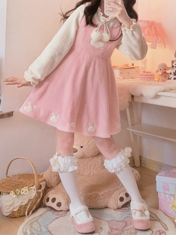 Pink Bunny Ears Hooded Plush Overalls Sweet Lolita Dress
