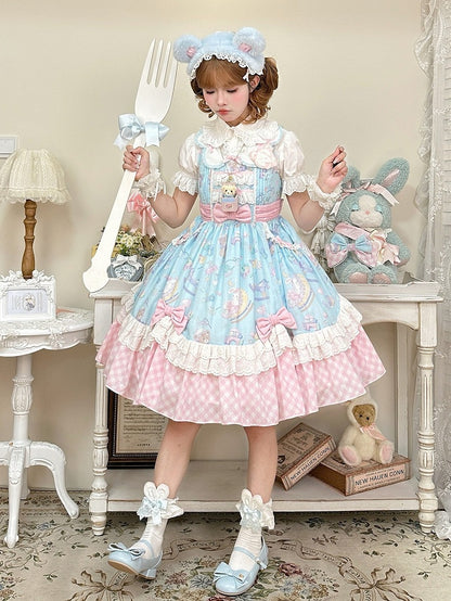 Adorable Lolita JSK Gown in Blue and Pink with Bow and Pocket Accents - Vcastle