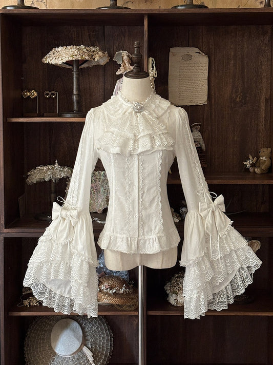 White Lace Bell-Sleeve Blouse with Bow Accents - Zoncel