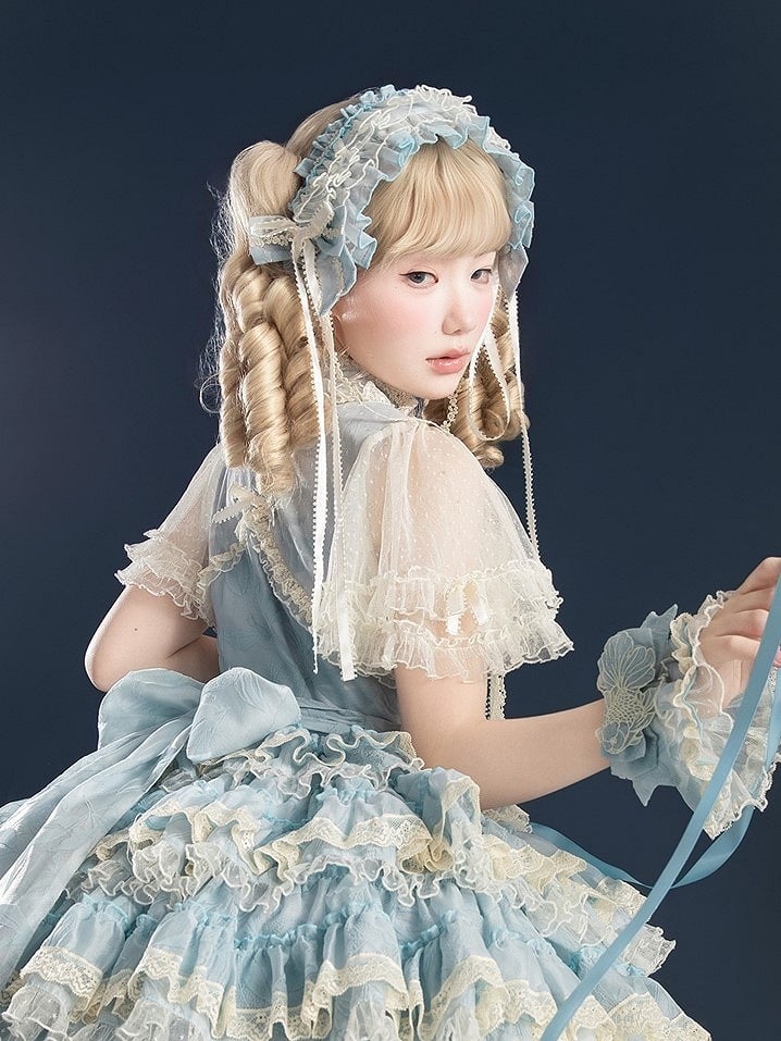 Embroidery Hairband Lolita Applique with Sweet Goldfish and Ribbon Ruffled Pink/Green/Blue