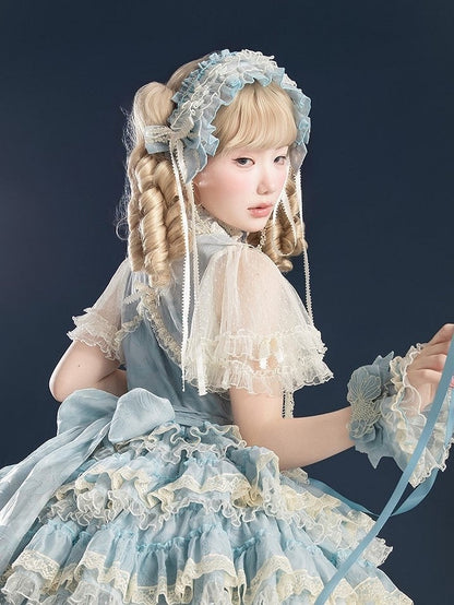 Embroidery Hairband Lolita Applique with Sweet Goldfish and Ribbon Ruffled Pink/Green/Blue