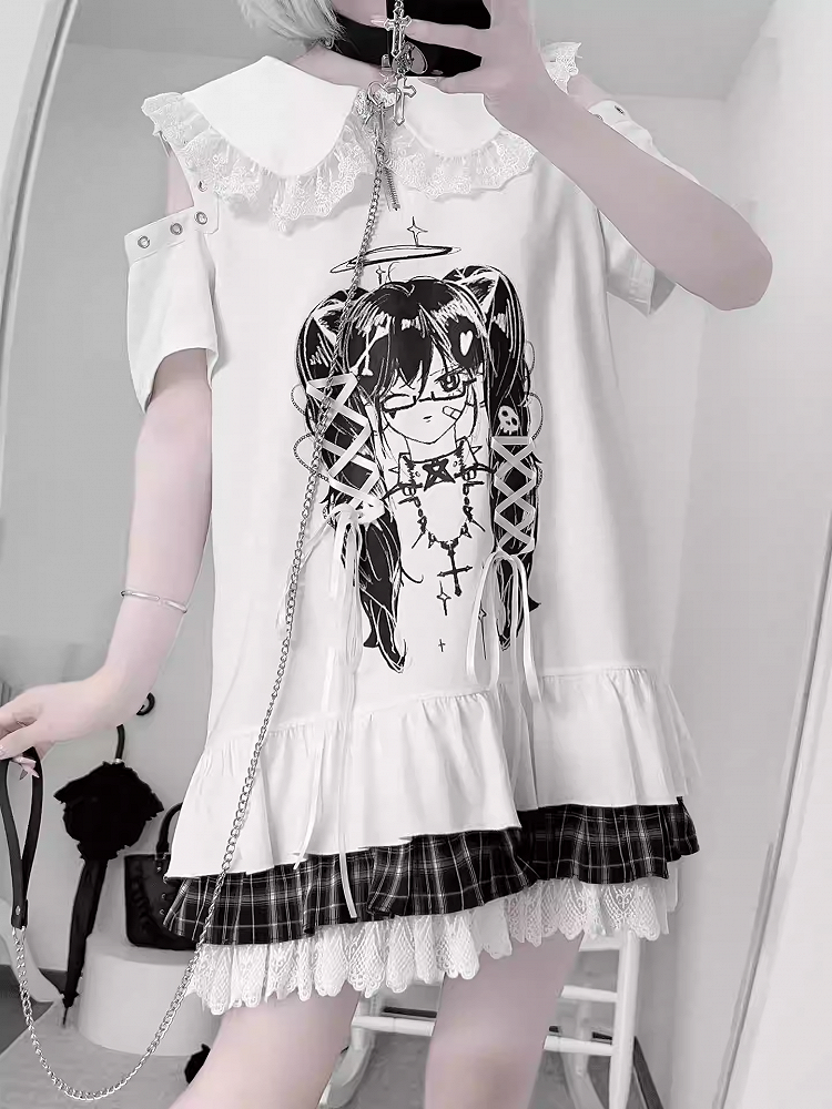 Anime Girl Print Peter Pan Collar Lace-up Details Dress Bittersweet White
