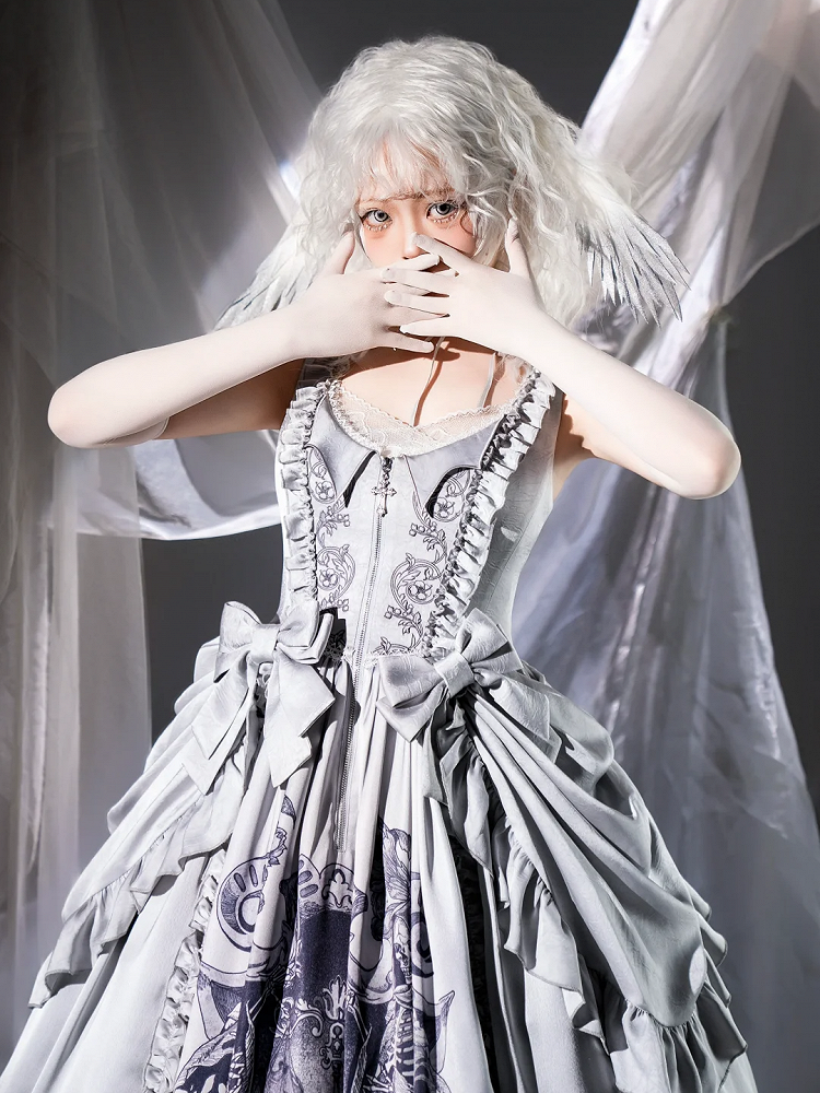Lolita Bows Gray Detachable Waist with Dress Gothic Reaper at Print Grim Scale and