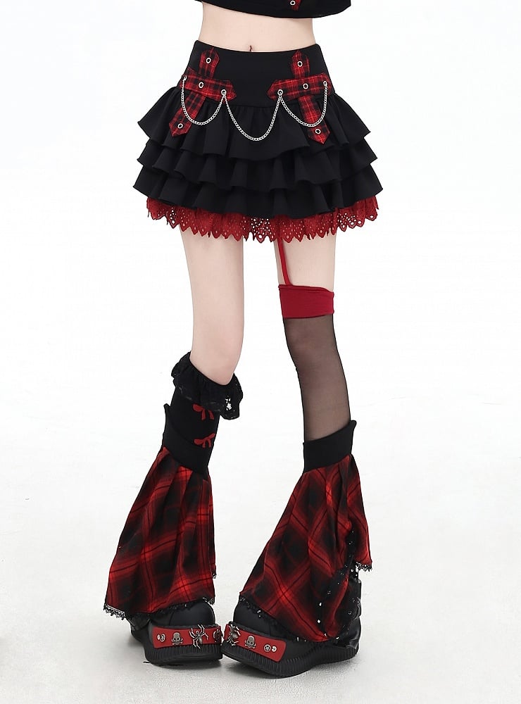 Trim Appliques Plaid Cross Lace Skirt Decorated Tiered Pink/Red Chains