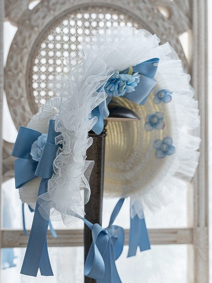 Bonnet Lolita Flower Blue Elegant Bow Accents and Classic Lace White with