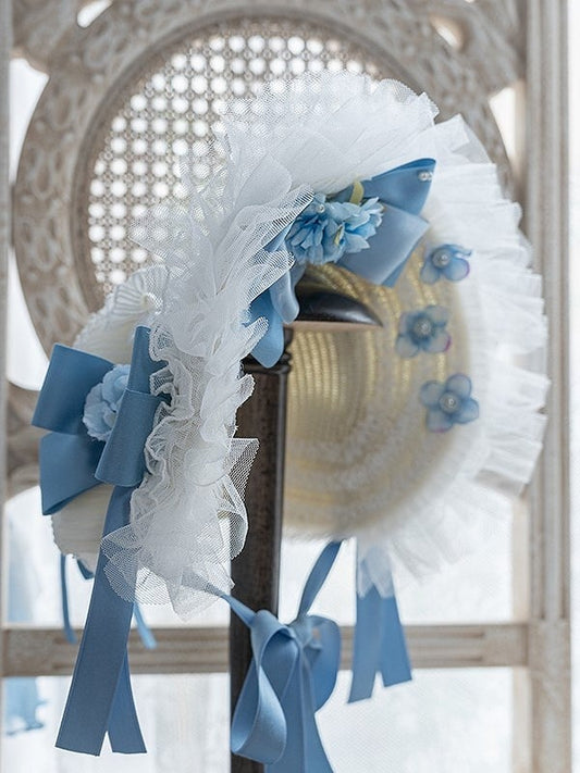 Bonnet Lolita Flower Blue Elegant Bow Accents and Classic Lace White with