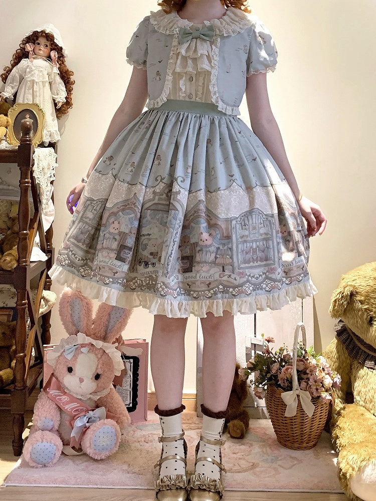 グリーンのスイートテディロリータドレスフェイクツーピースデザイン