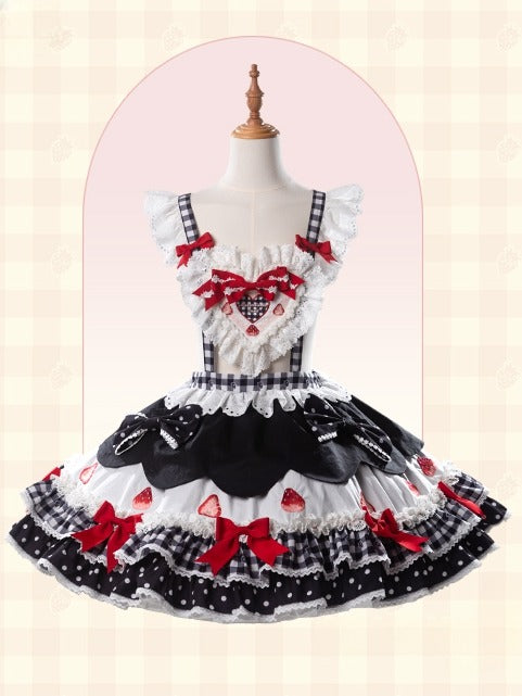 and White Applique Bows Sweet Overall Strawberry Print Lolita Dress with Sweetheart Black
