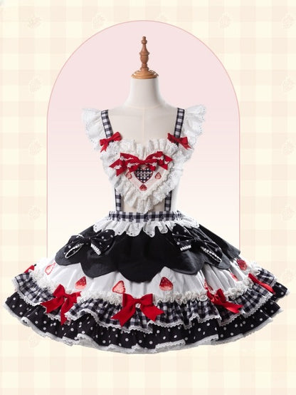 and White Applique Bows Sweet Overall Strawberry Print Lolita Dress with Sweetheart Black