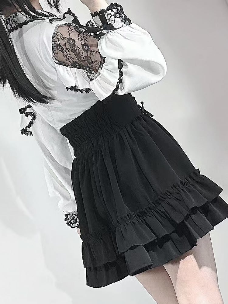 Skirt Decorated Jirai Heart Rhinestone Tiered Lace-up Kei Details Black