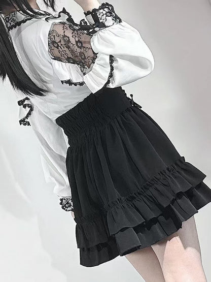 Skirt Decorated Jirai Heart Rhinestone Tiered Lace-up Kei Details Black