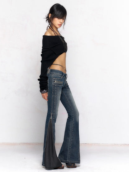 Faded Zip Waist Deep - Two-Way Blue Jeans Cuff Wash with Low Details