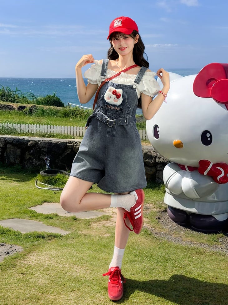 襟付きぬいぐるみキティパフスリーブTシャツホワイトフリルレース