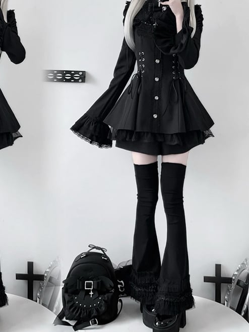 Matching Set: Sleeve Waist Shorts Bell Detachable Coord Tie Bow Lace-Up with Bib Jirai Kei Dress Black