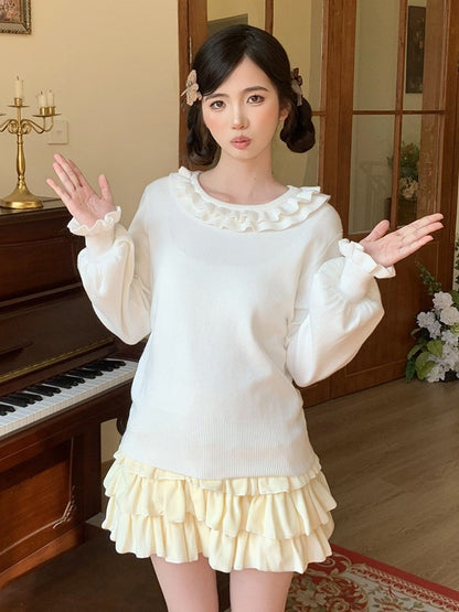White Sweet Long Sleeve Blouse with Ruffle Cuffs and Neckline - Lan Jian Chuan