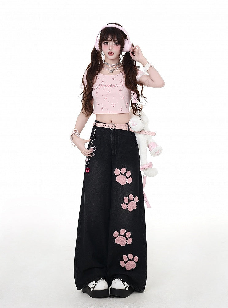 Taille Straight-Leg Jeans Rosa Pfotenstickerei Schwarz Niedrig