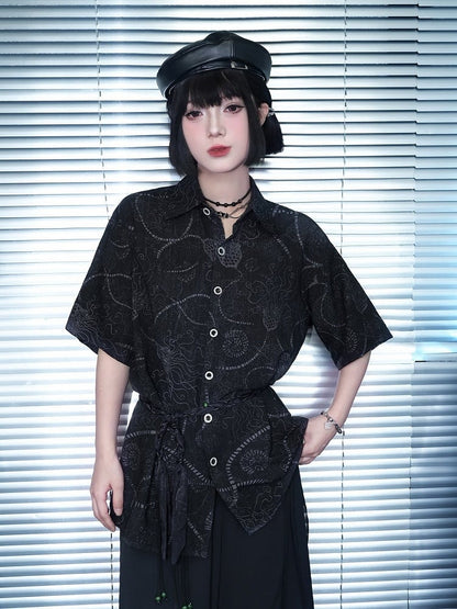 Black Sea Lily Print Loose Short Sleeve Shirt - Quirky Hut
