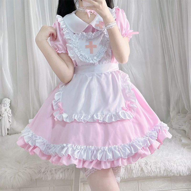 Victorian Maid Nurse Lolita Costume Set Heart Apron Plus Size