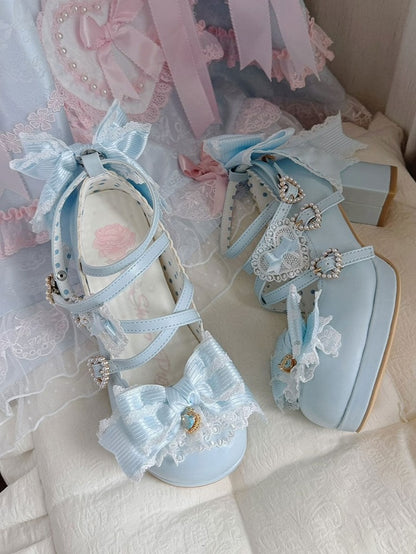 Sweet Lolita Blue Heart Crystal Platform Shoes with Bow - Sheep Puff