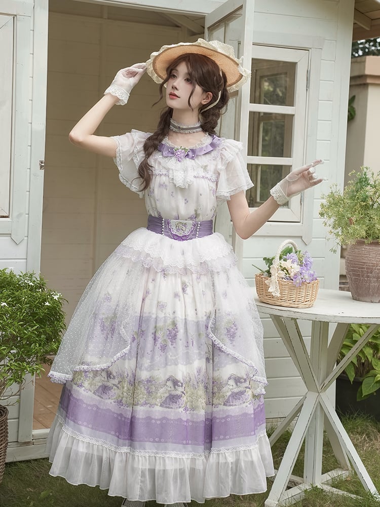 Set Elegant Top Classic Full Purple - Grape-Print Necklace Skirt + Lolita